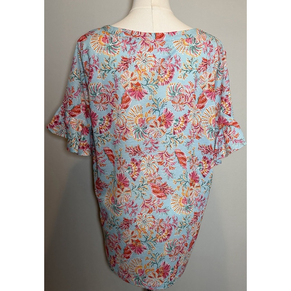 Stella Parker Collection Blue Floral Round Neck Ruffle Sleeve Blouse XL NWT - Picture 2 of 7